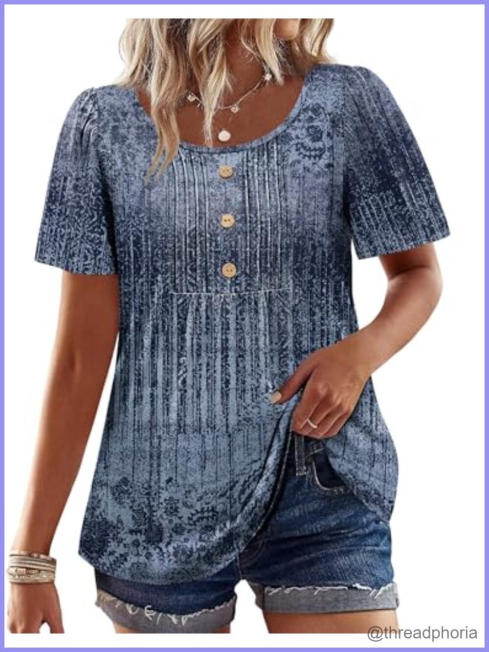 Women's Scoop Neck Tunic Blouse Short Sleeve Button Pleated Front Top